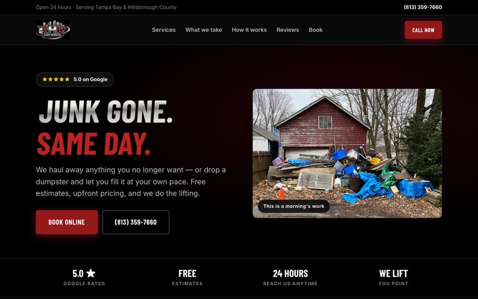 RHR Junk Removal homepage — dark brand site with online booking